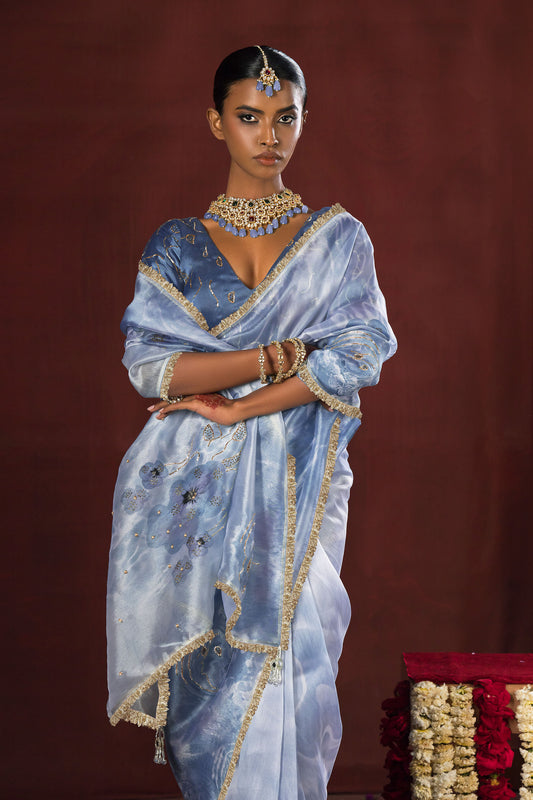 Slate Blue Bloom Satin Organza Silk Saree