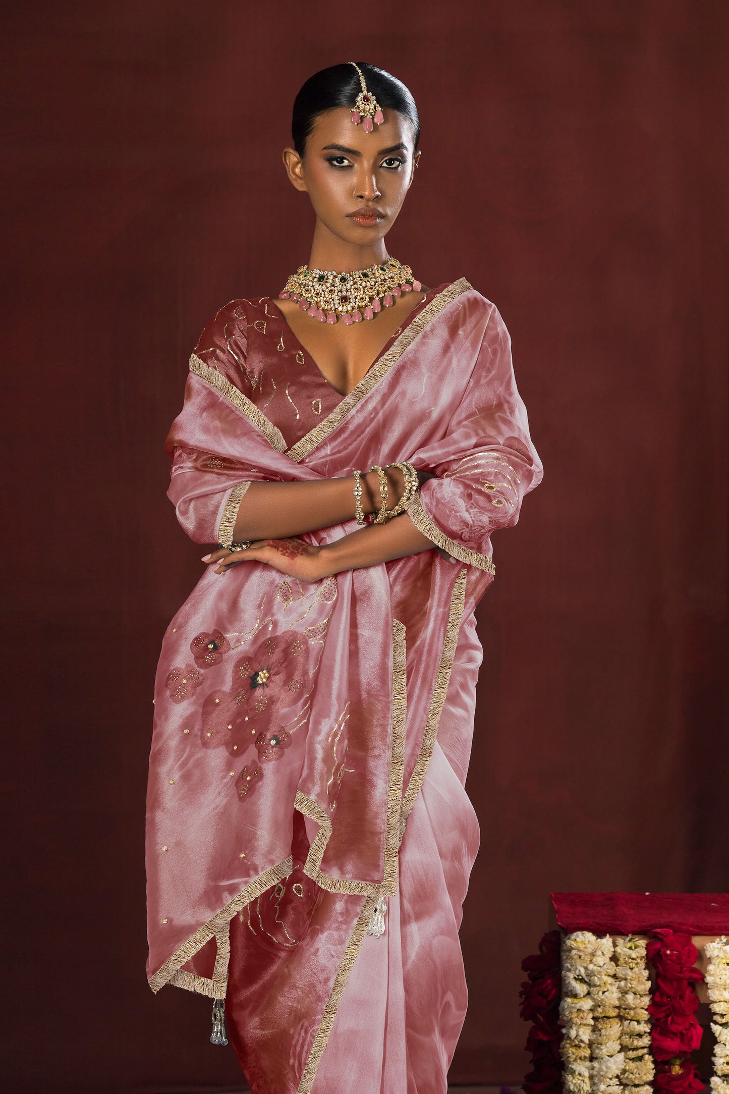 Rose Pink Bloom Satin Organza Silk Saree