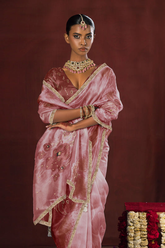Rose Pink Bloom Satin Organza Silk Saree