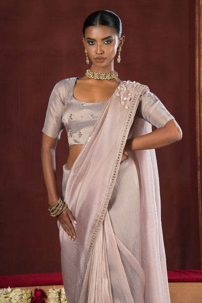 Pearl Grey Stitched Tissue Saree
