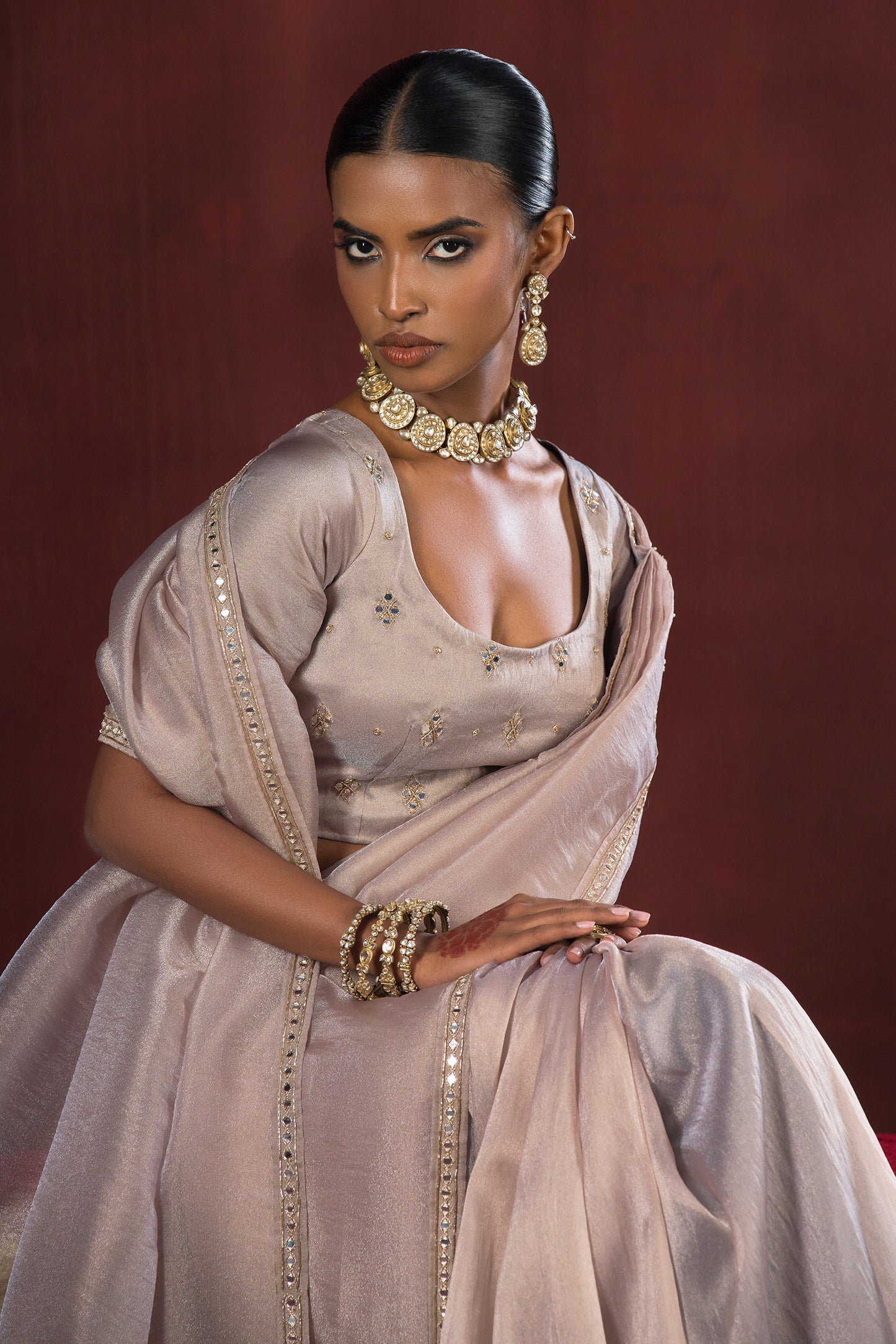 Pearl Grey Stitched Tissue Saree