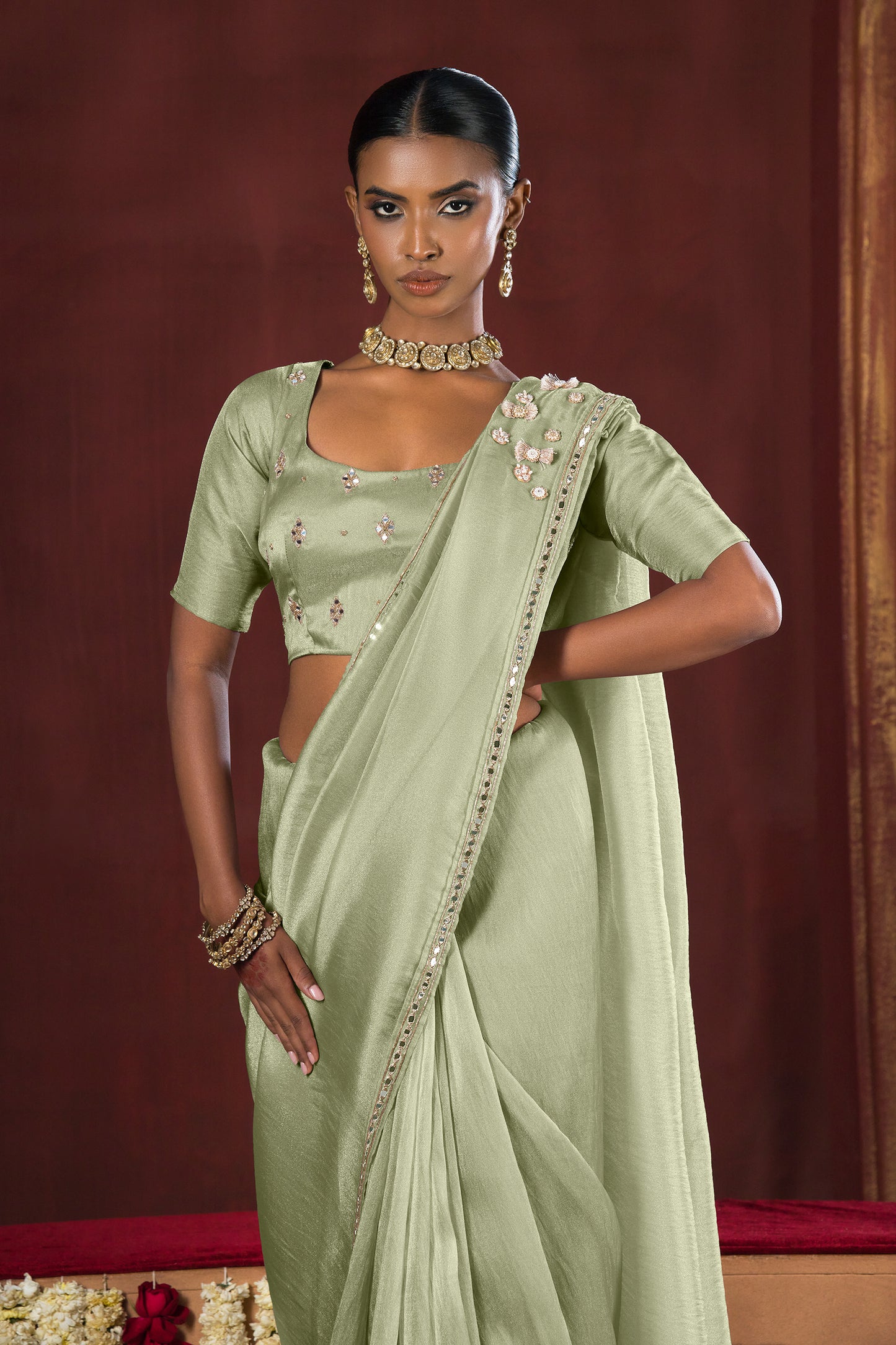 Sage Green Stitched Tissue Saree