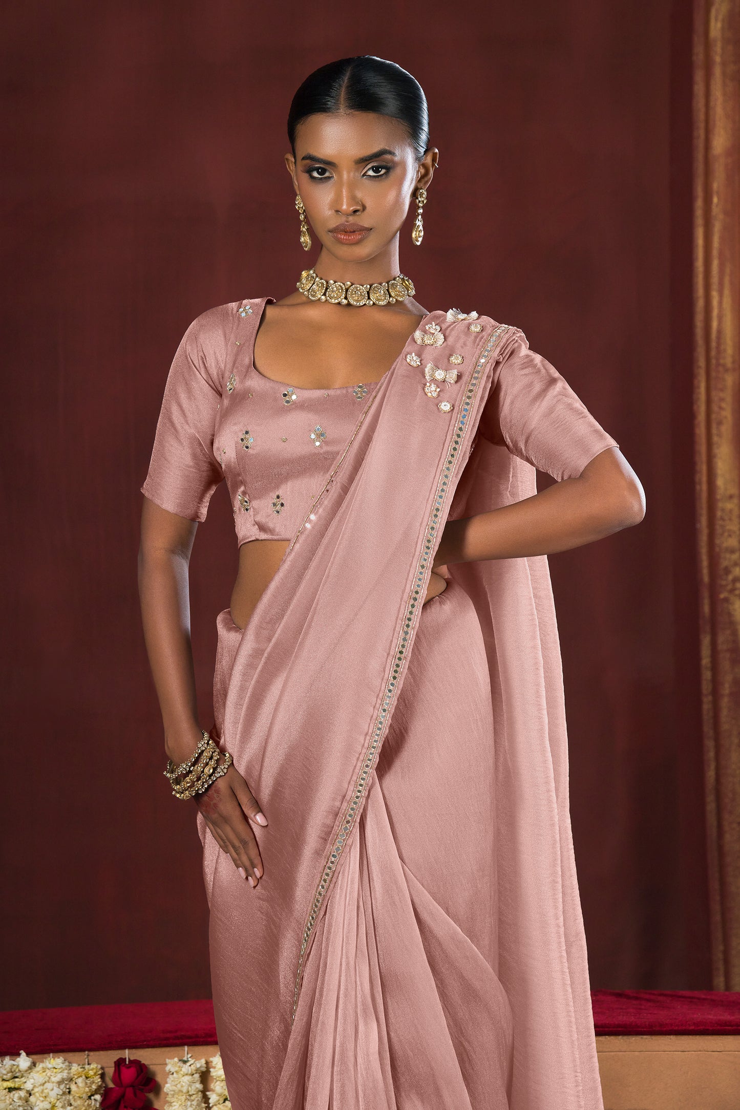 Dusty Rose Pink Stitched Tissue Saree