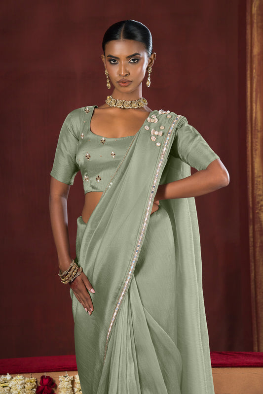 Muted Olive Green Stitched Tissue Saree
