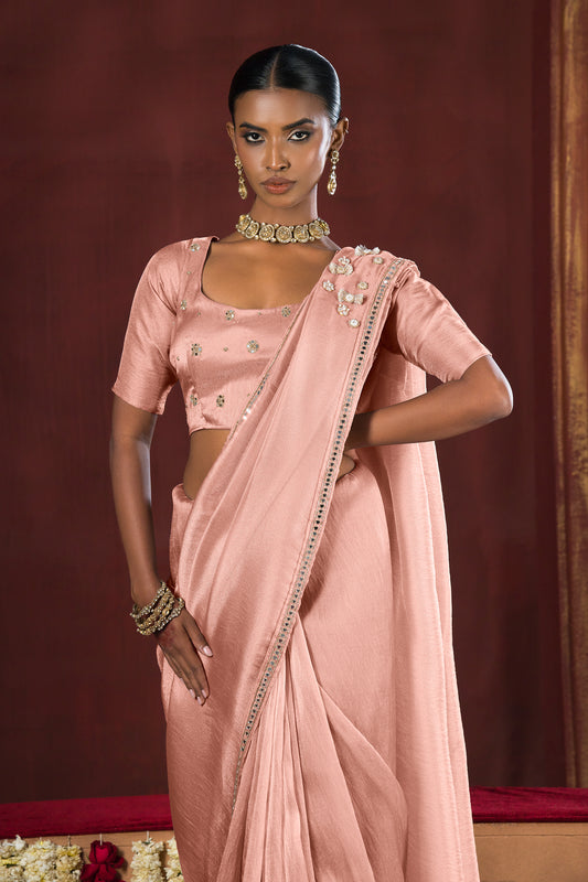 Soft Peach Pink Stitched Tissue Saree