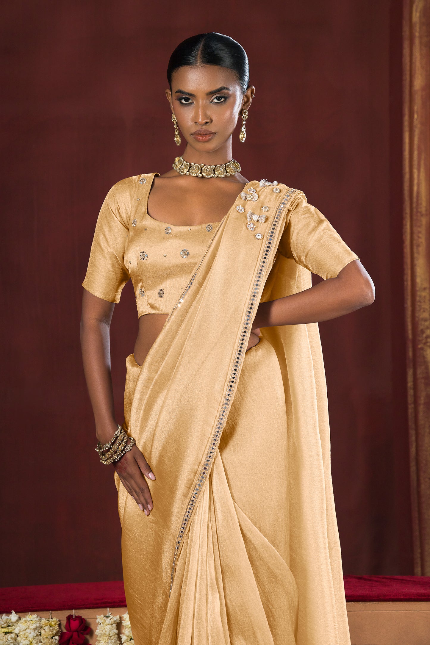 Warm Champagne Gold Stitched Tissue Saree