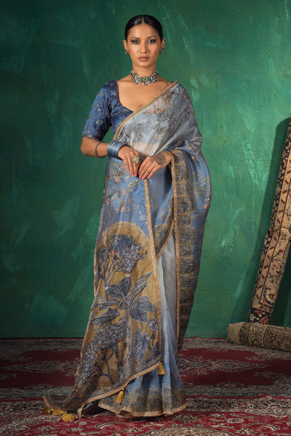 Vantara Luxe Printed Saree - Slate Ombre