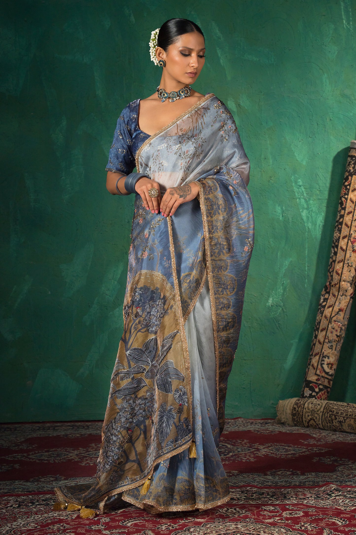 Vantara Luxe Printed Saree - Slate Ombre