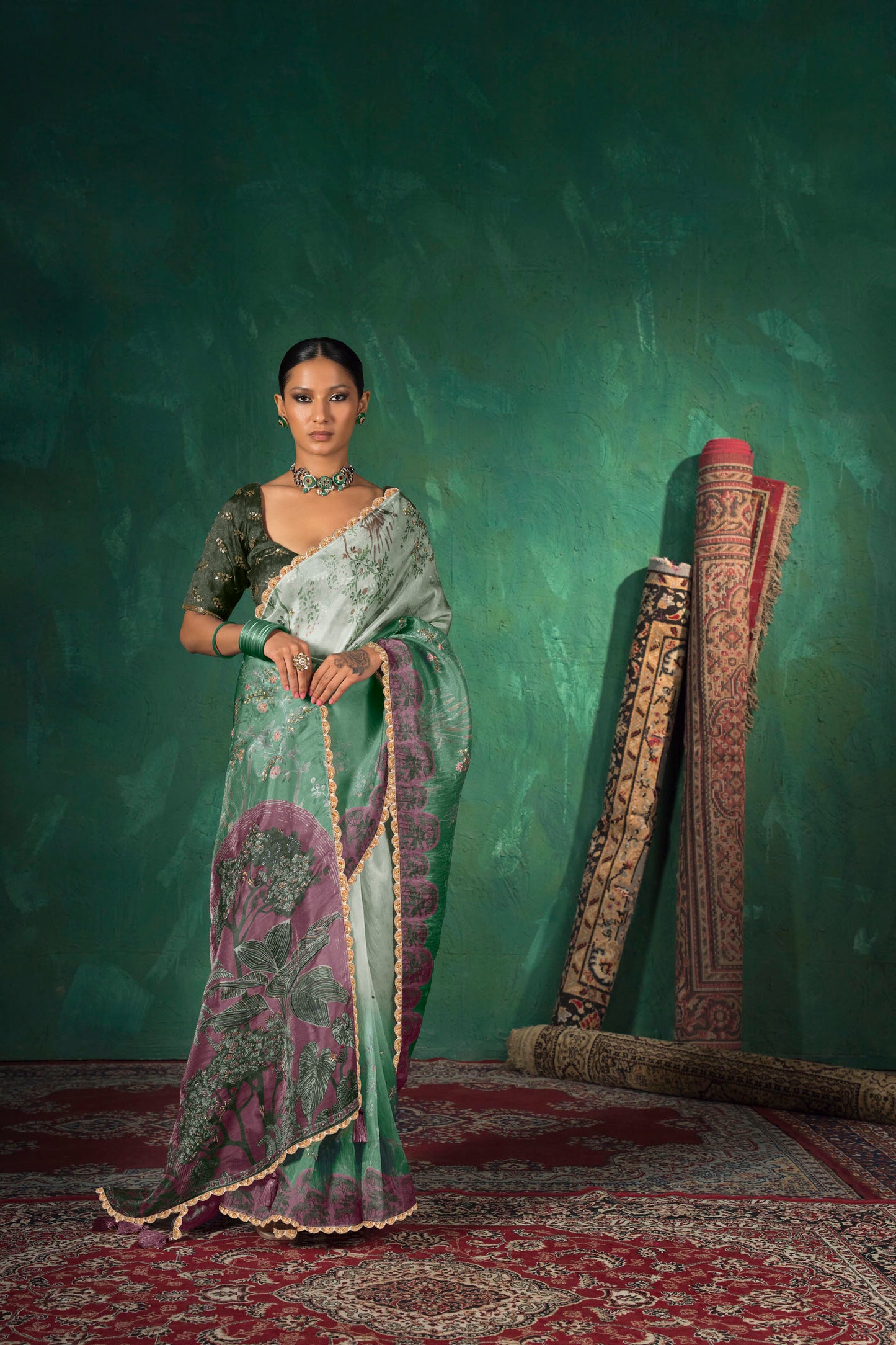Vantara Luxe Printed Saree - Emerald Ombre