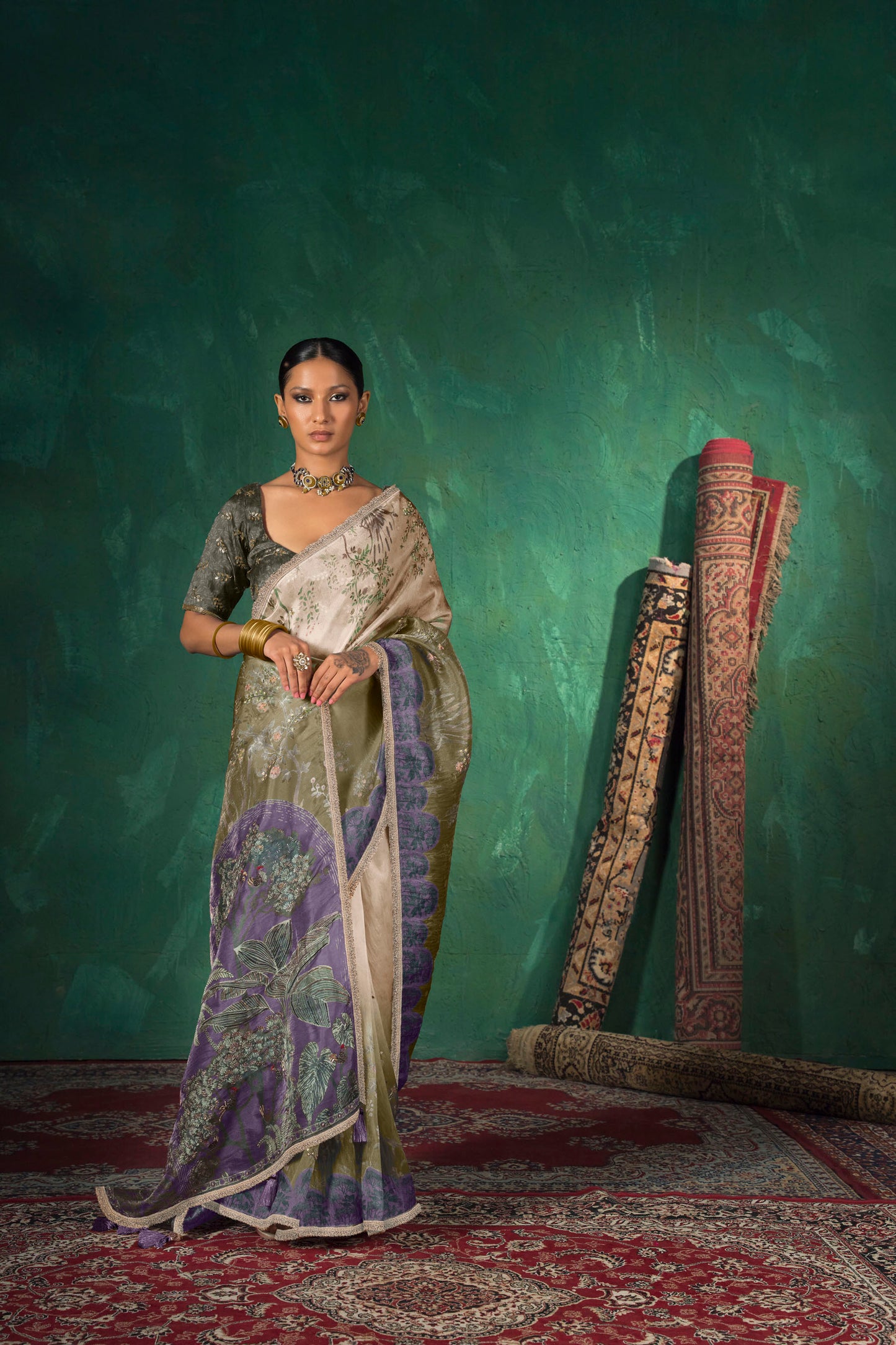 Vantara Luxe Printed Saree - Olive Lilac Ombre