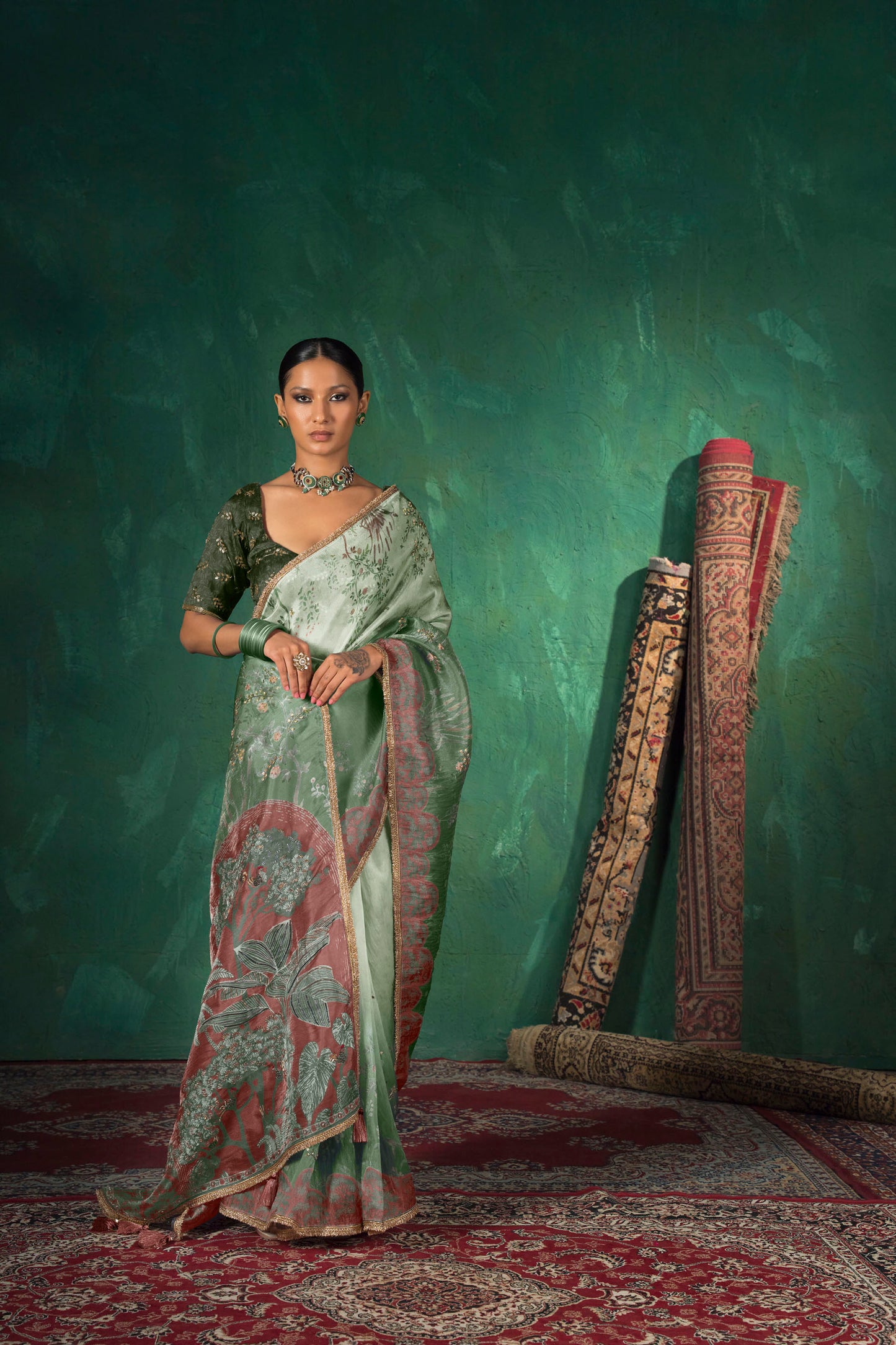 Vantara Luxe Printed Saree - Sage Green Rust Ombre
