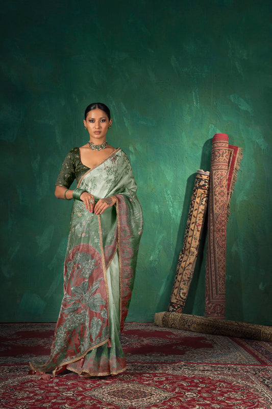 Vantara Luxe Printed Saree - Sage Green Rust Ombre