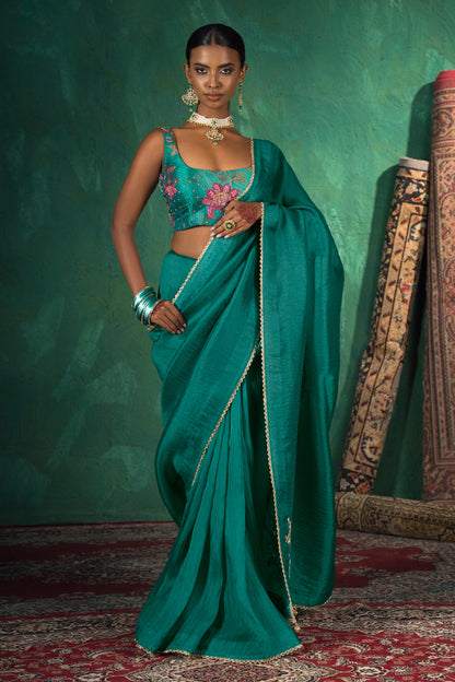 Classic Emerald Green Satin Organza Silk Saree