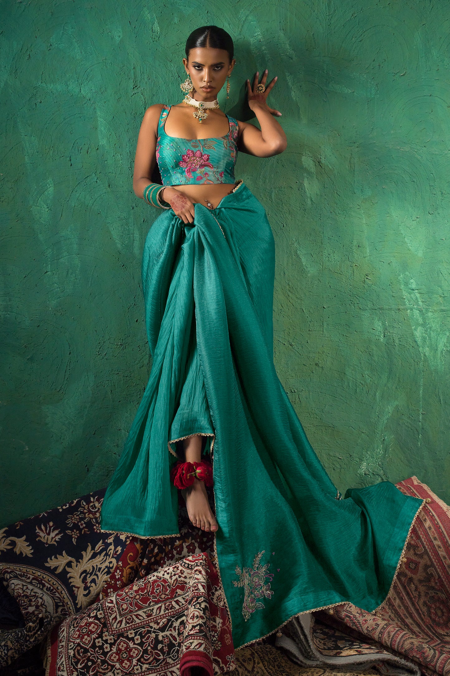 Classic Emerald Green Satin Organza Silk Saree