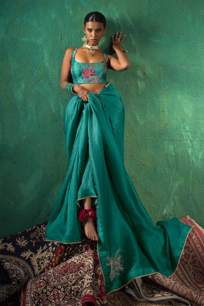 Classic Emerald Green Satin Organza Silk Saree