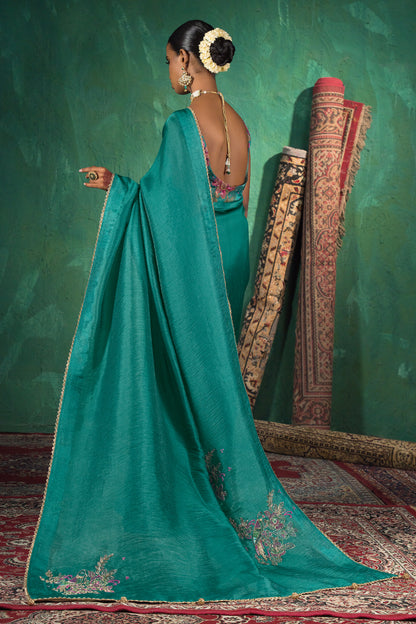 Classic Emerald Green Satin Organza Silk Saree