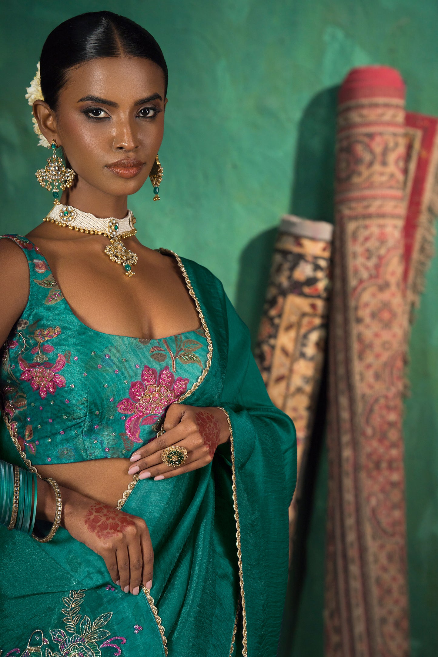 Classic Emerald Green Satin Organza Silk Saree
