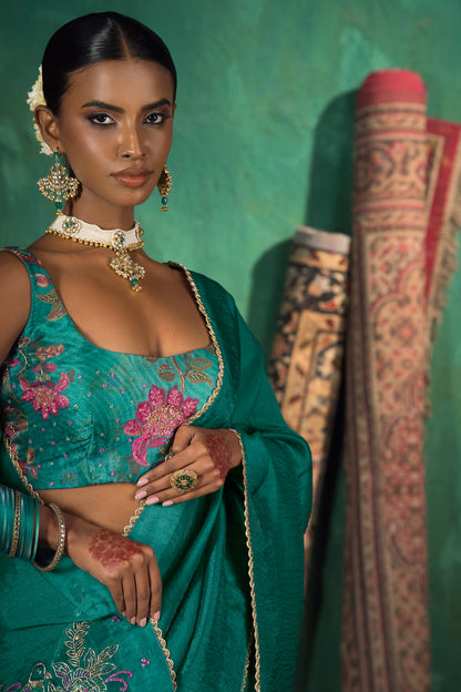 Classic Emerald Green Satin Organza Silk Saree