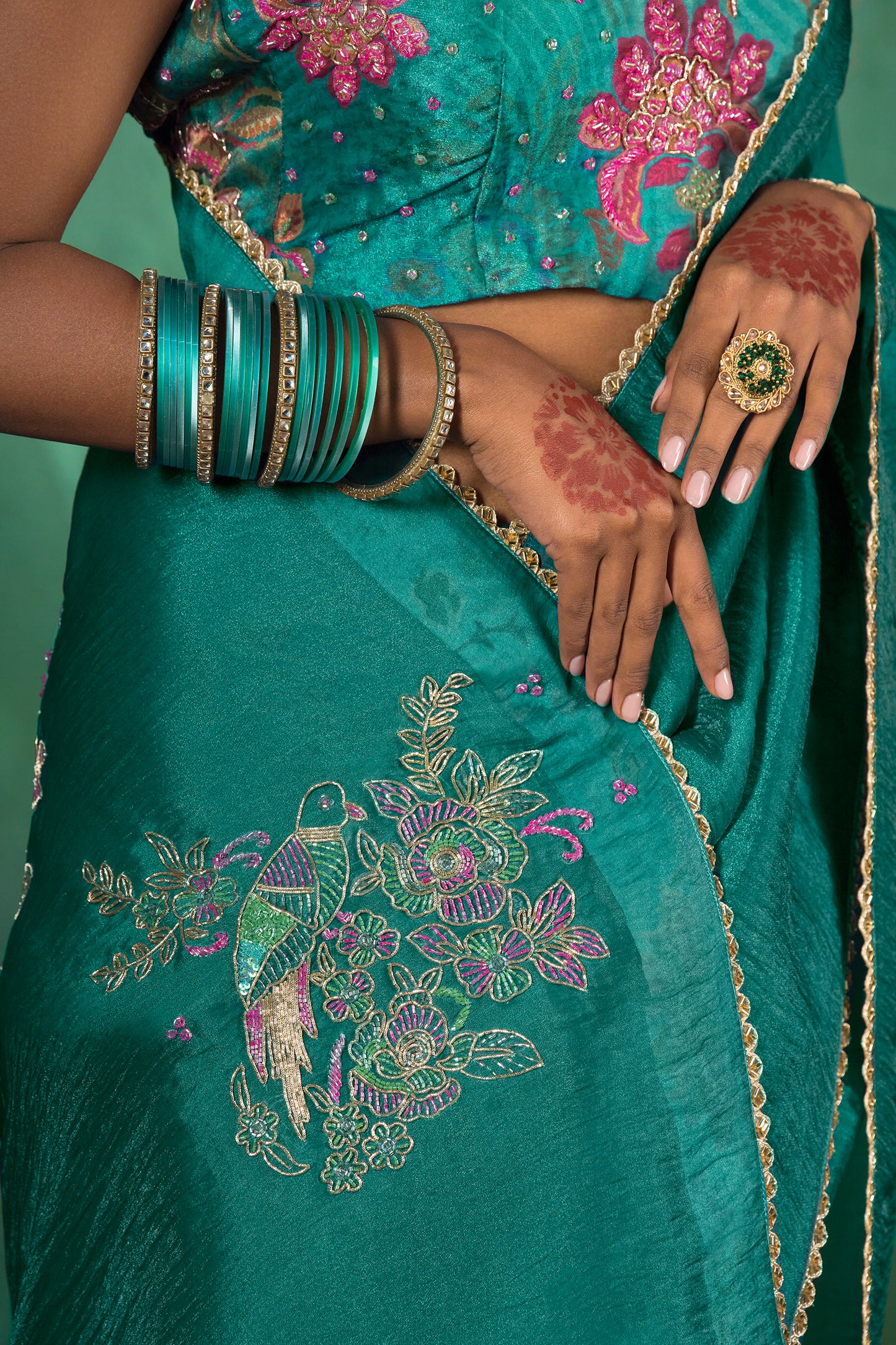 Classic Emerald Green Satin Organza Silk Saree