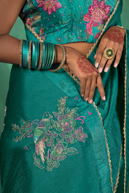 Classic Emerald Green Satin Organza Silk Saree