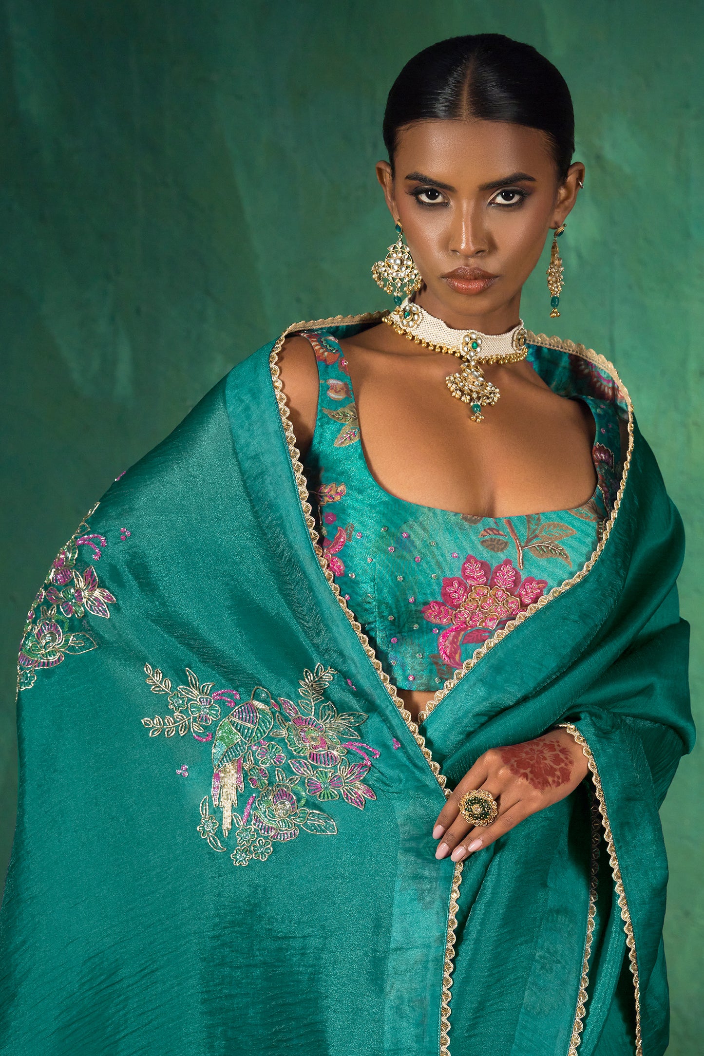 Classic Emerald Green Satin Organza Silk Saree