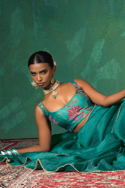 Classic Emerald Green Satin Organza Silk Saree