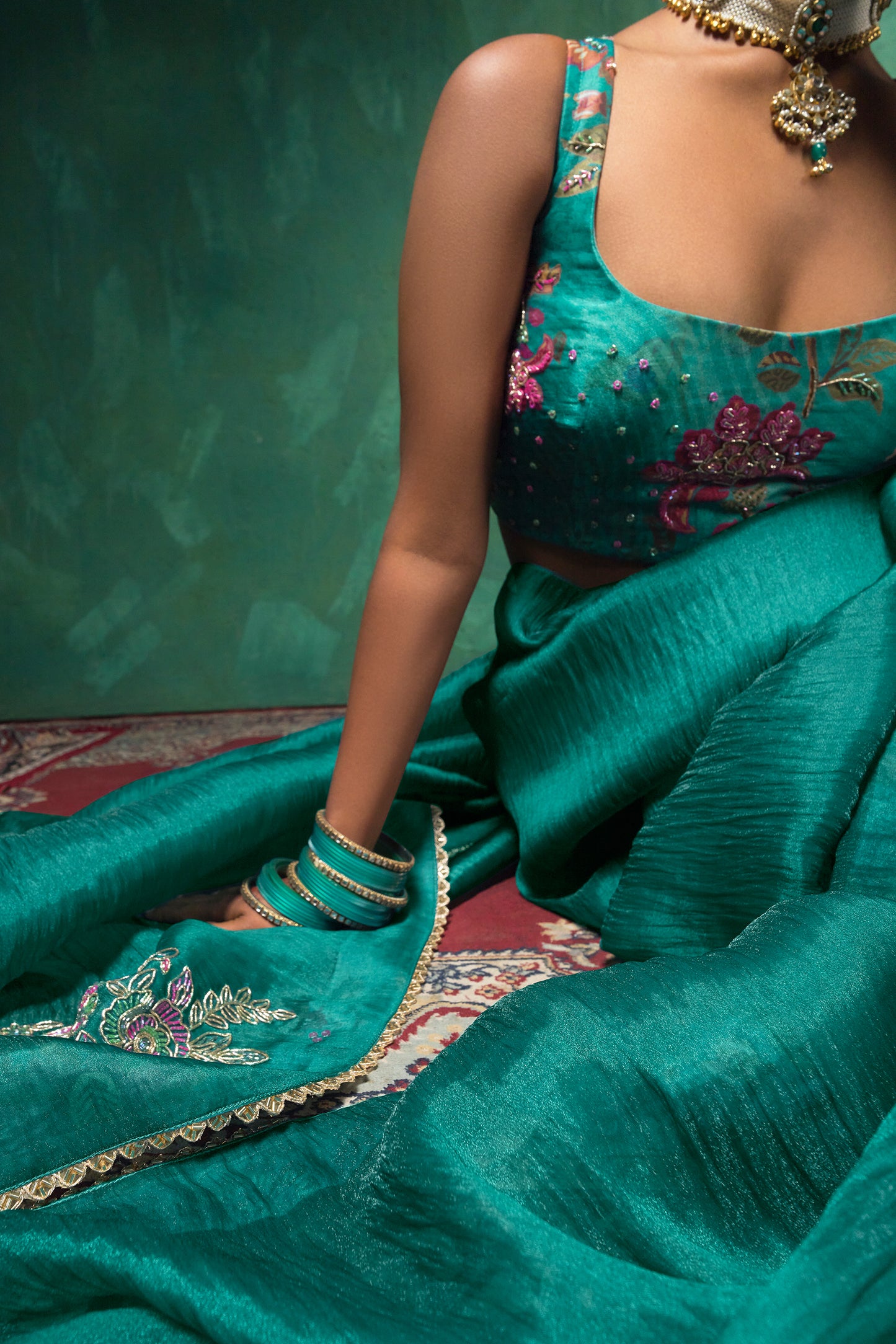 Classic Emerald Green Satin Organza Silk Saree