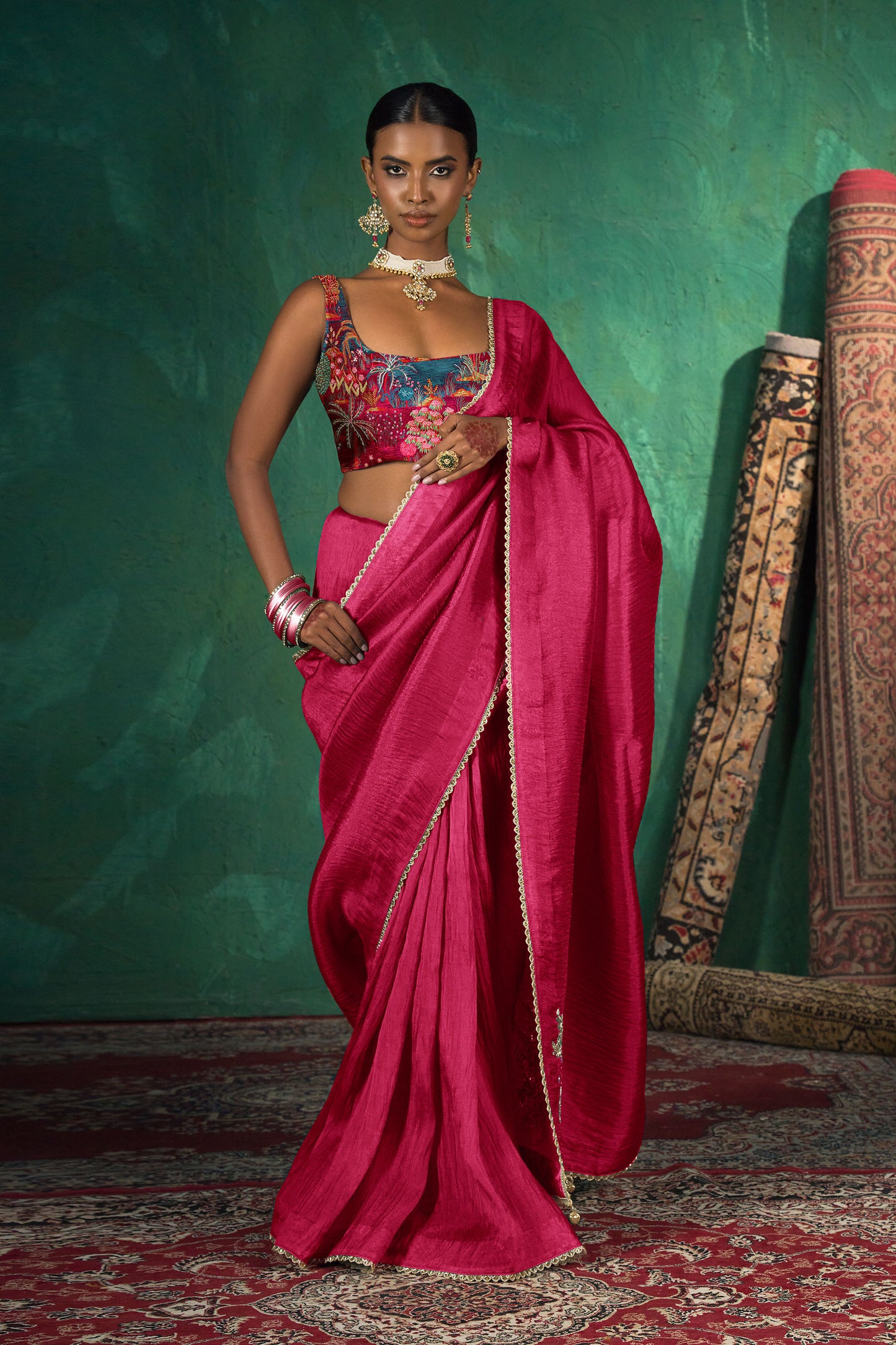 Classic Rani Pink Satin Organza Silk Saree