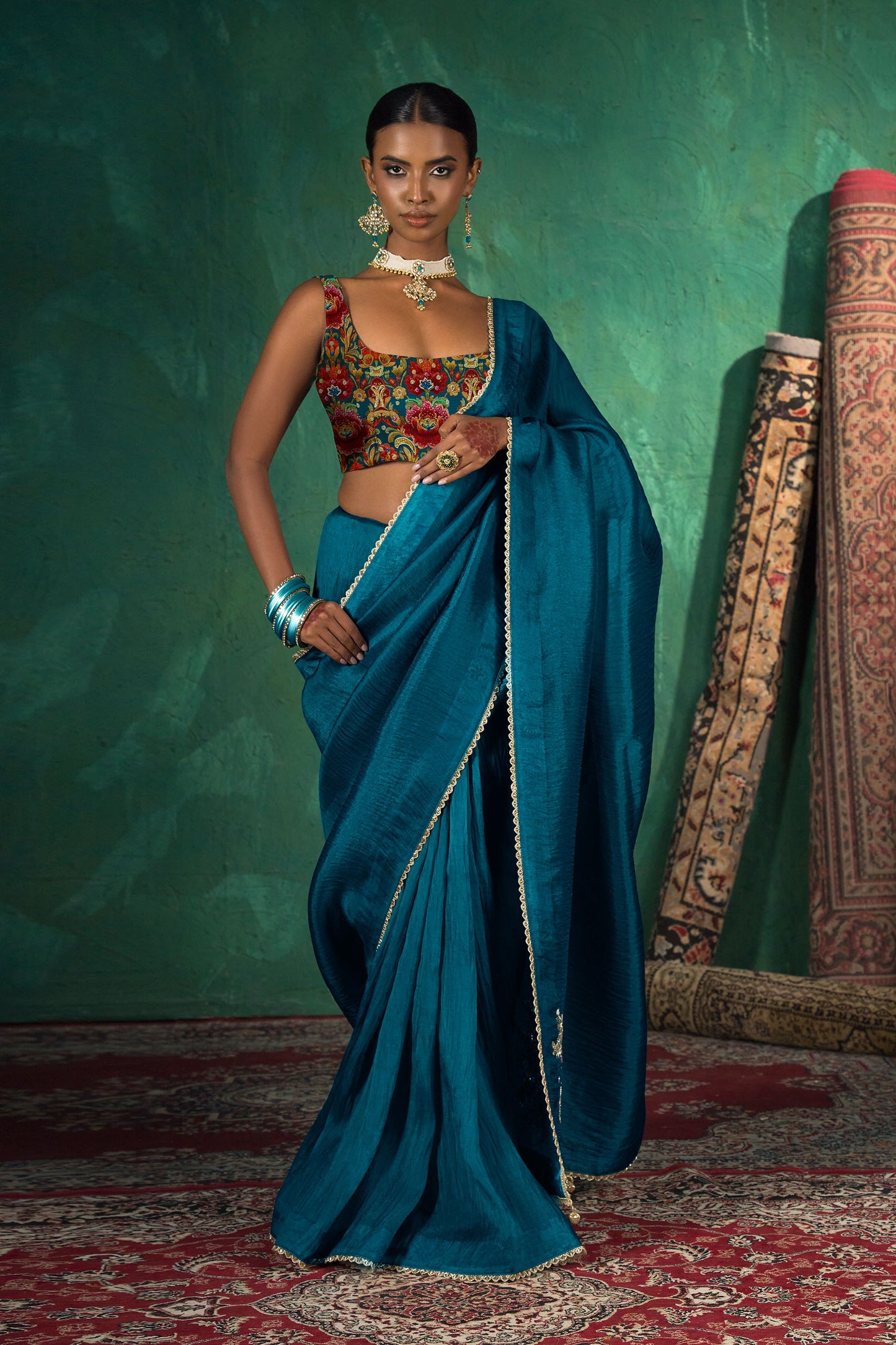 Classic Peacock Blue Satin Organza Silk Saree