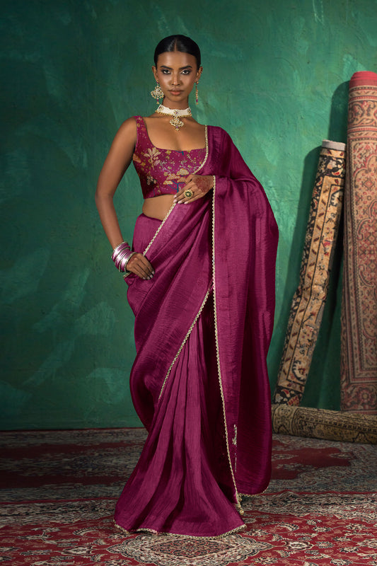 Classic Deep Plum Satin Organza Silk Saree