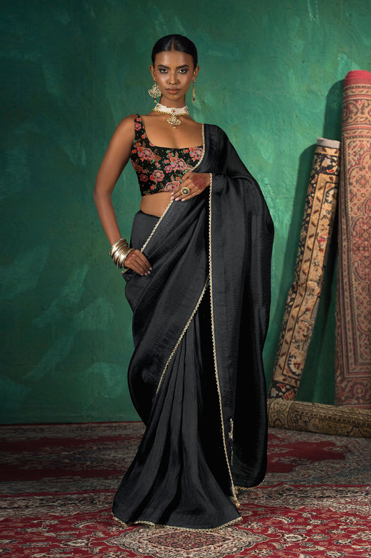 Classic Black Satin Organza Silk Saree