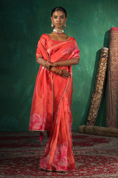Coral Red Hand Embroidered Silk Organza Saree