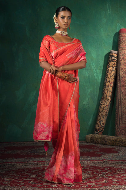 Coral Red Hand Embroidered Silk Organza Saree
