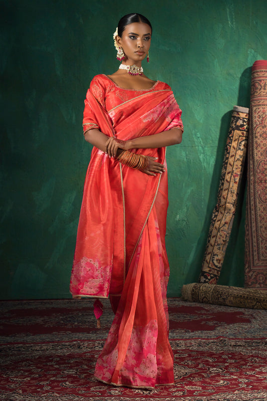 Coral Red Hand Embroidered Silk Organza Saree