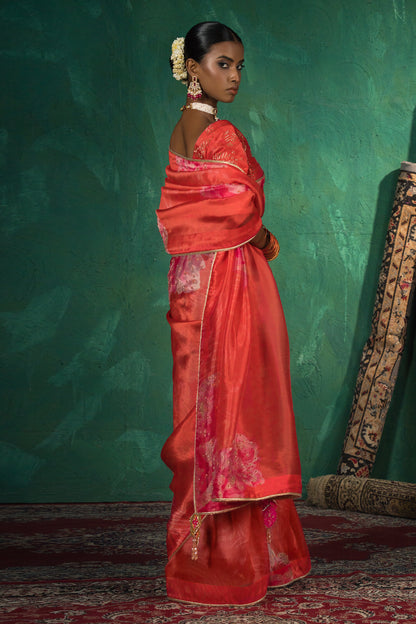 Coral Red Hand Embroidered Silk Organza Saree