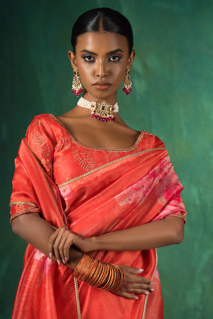 Coral Red Hand Embroidered Silk Organza Saree