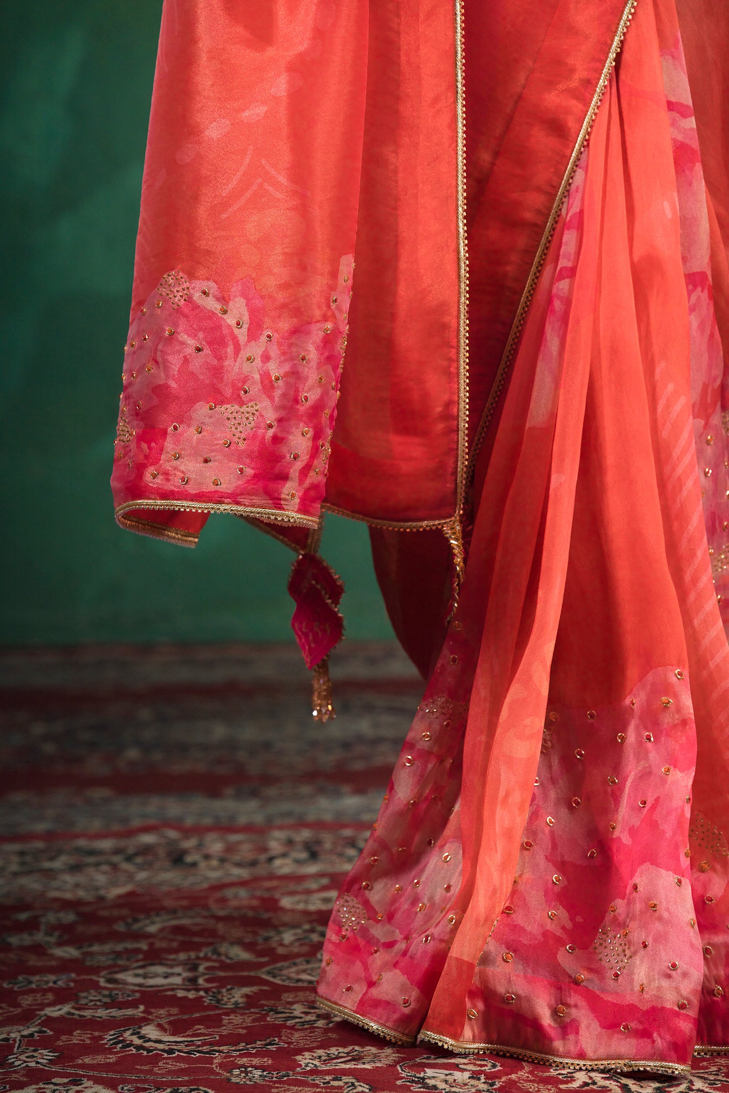 Coral Red Hand Embroidered Silk Organza Saree