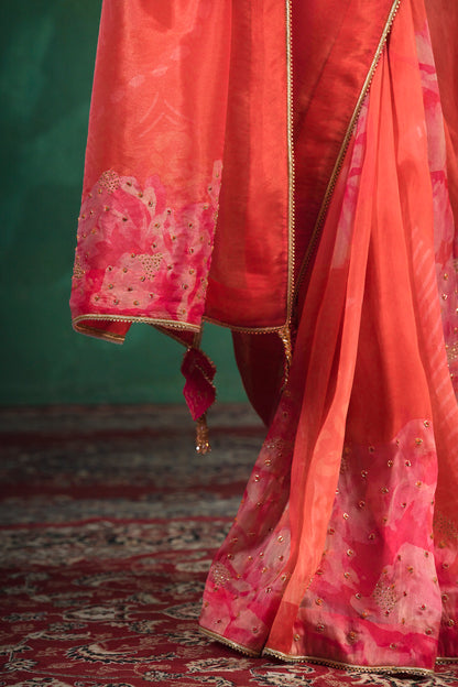 Coral Red Hand Embroidered Silk Organza Saree