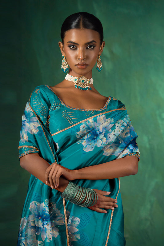 Teal Hand Embroidered Silk Organza Saree