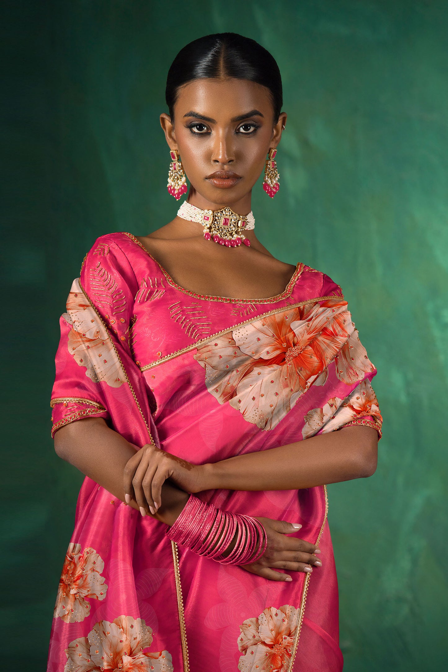 Pink Hand Embroidered Silk Organza Saree