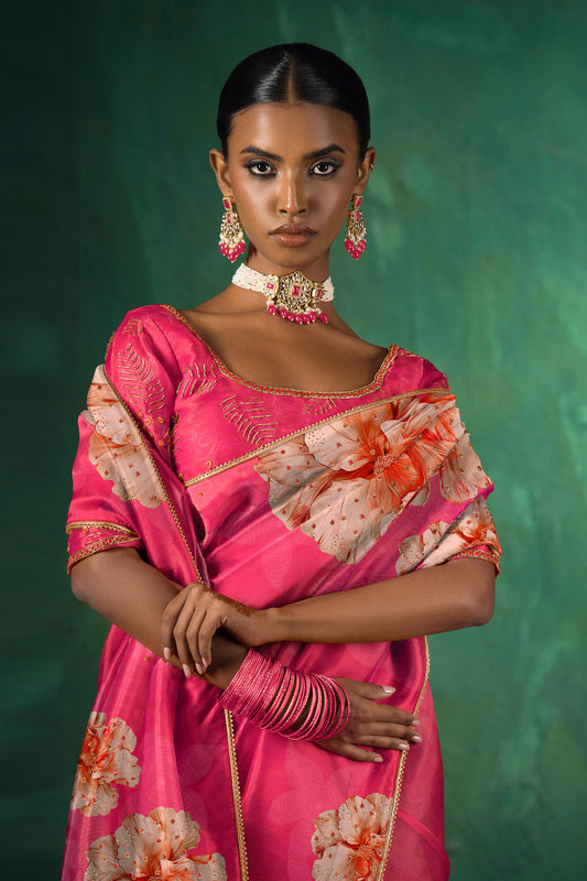 Pink Hand Embroidered Silk Organza Saree