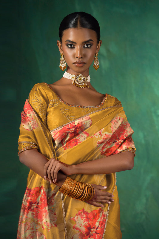 Ochre Hand Embroidered Silk Organza Saree