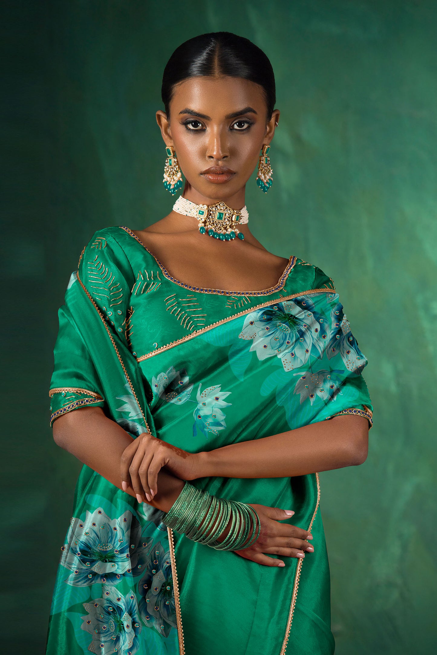 Emerald Green Hand Embroidered Silk Organza Saree