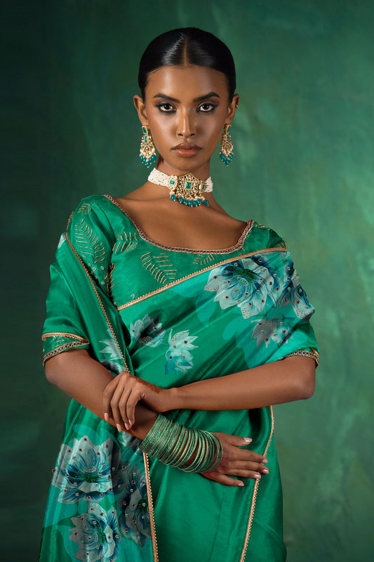 Emerald Green Hand Embroidered Silk Organza Saree