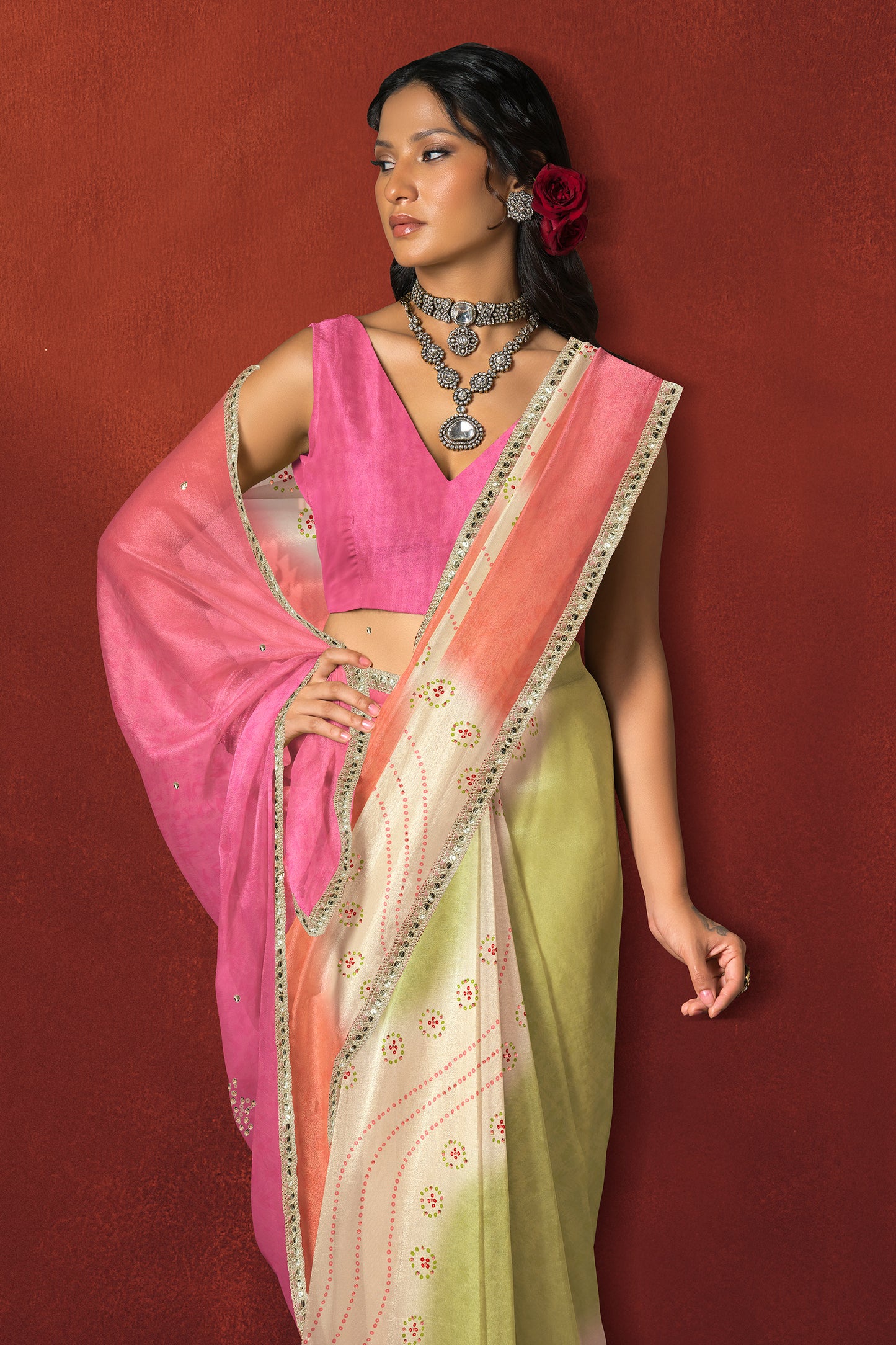 Blush Pink Ombre Saree with Gold Border