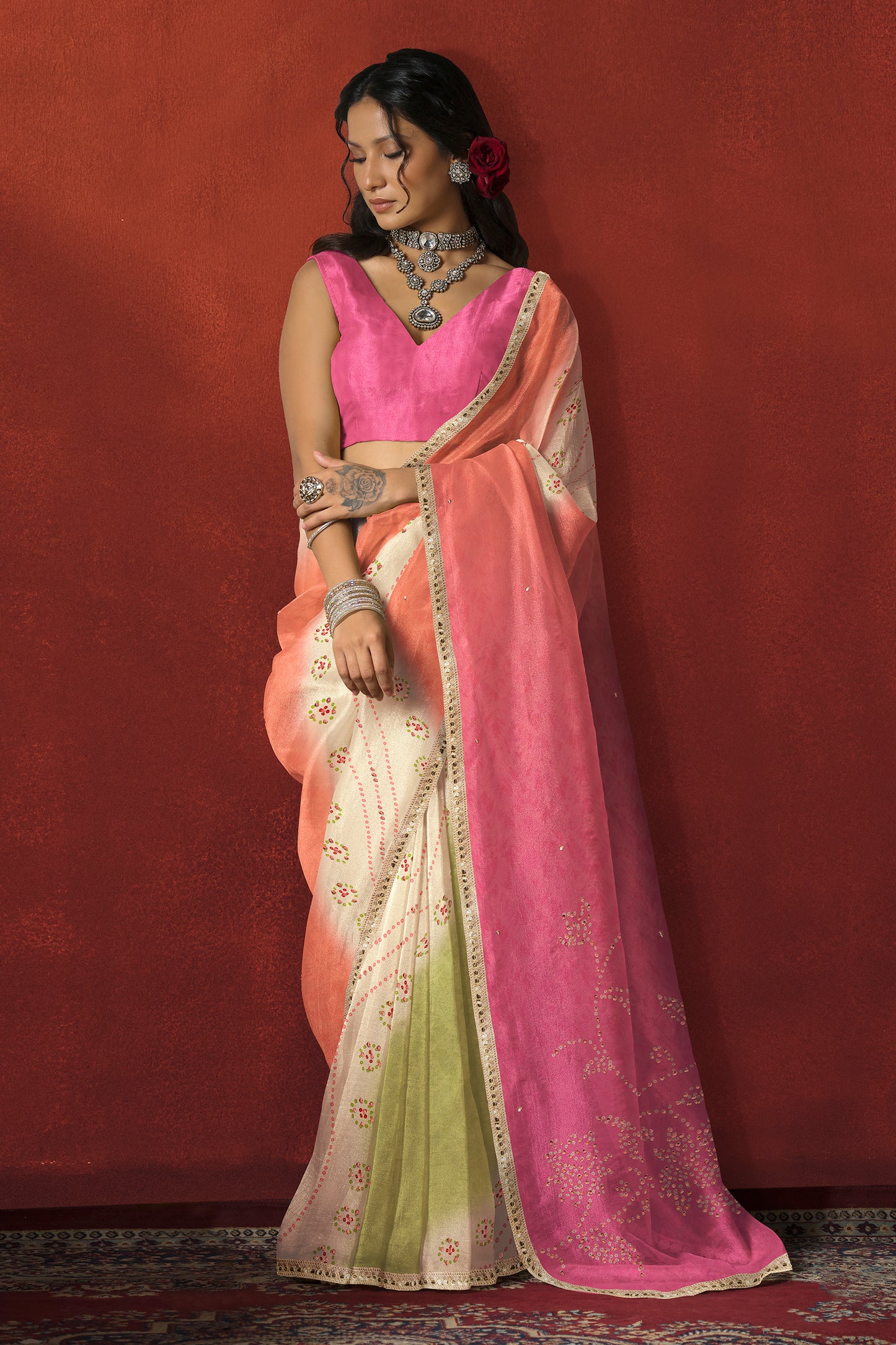 Blush Pink Ombre Saree with Gold Border