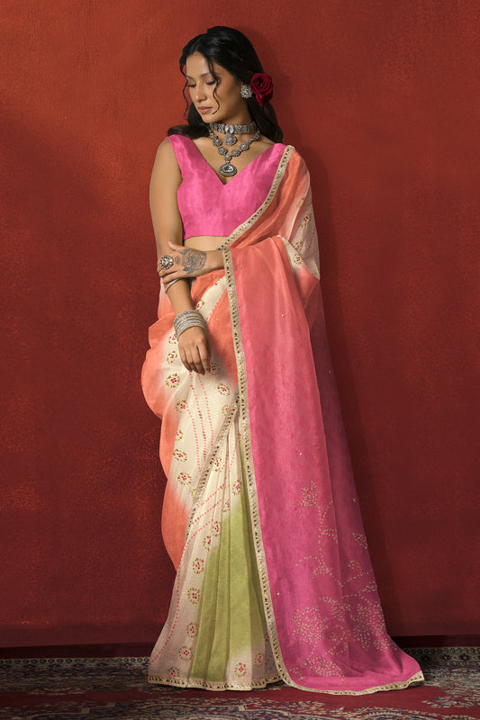 Blush Pink Ombre Saree with Gold Border