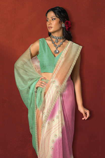 Mint Green Ombre Saree with Gold Border