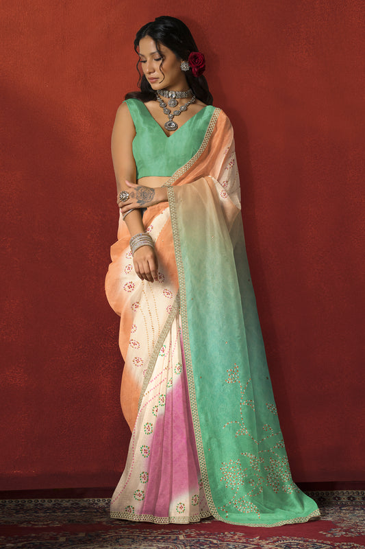 Mint Green Ombre Saree with Gold Border