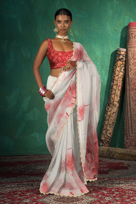 Red & White Hand Embellished Saree